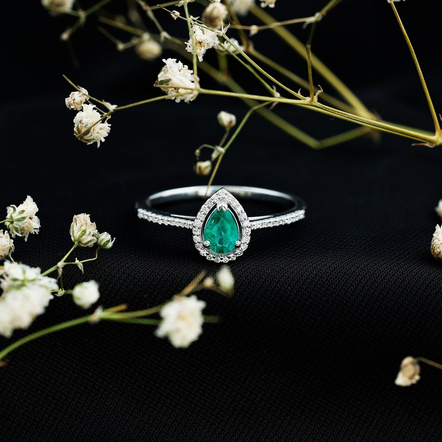 Certified Emerald Teardrop Engagement Ring with Diamond Halo