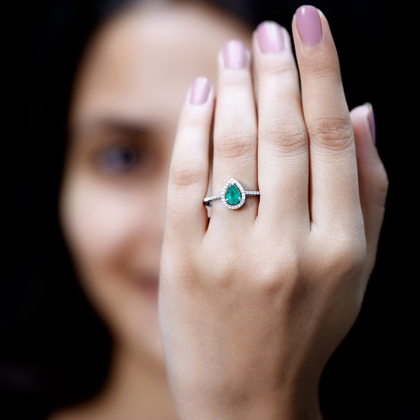 Certified Emerald Teardrop Engagement Ring with Diamond Halo