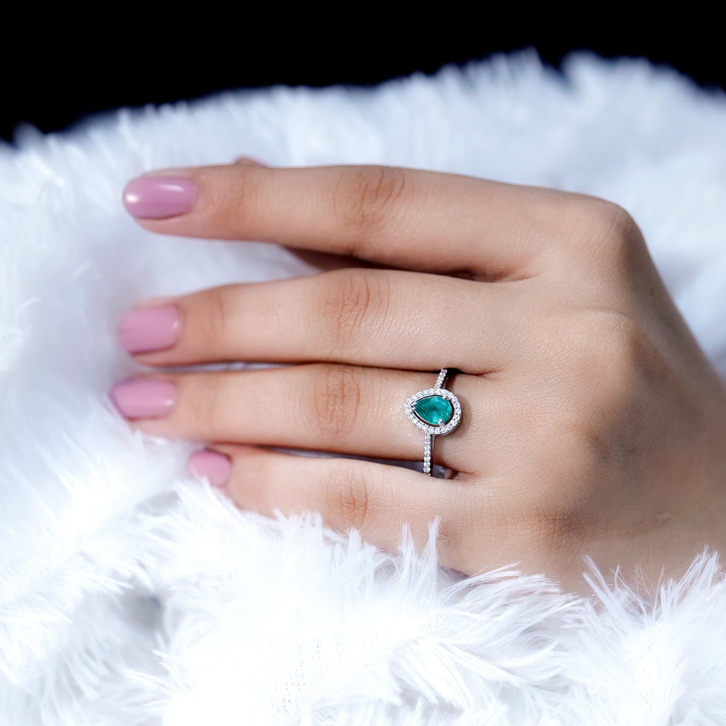 Certified Emerald Teardrop Engagement Ring with Diamond Halo