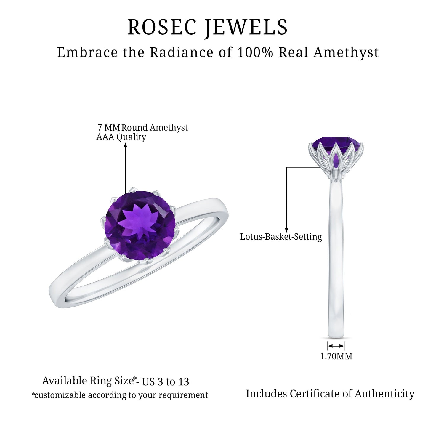 1.2 Carat Amethyst Solitaire Engagement Ring for Women