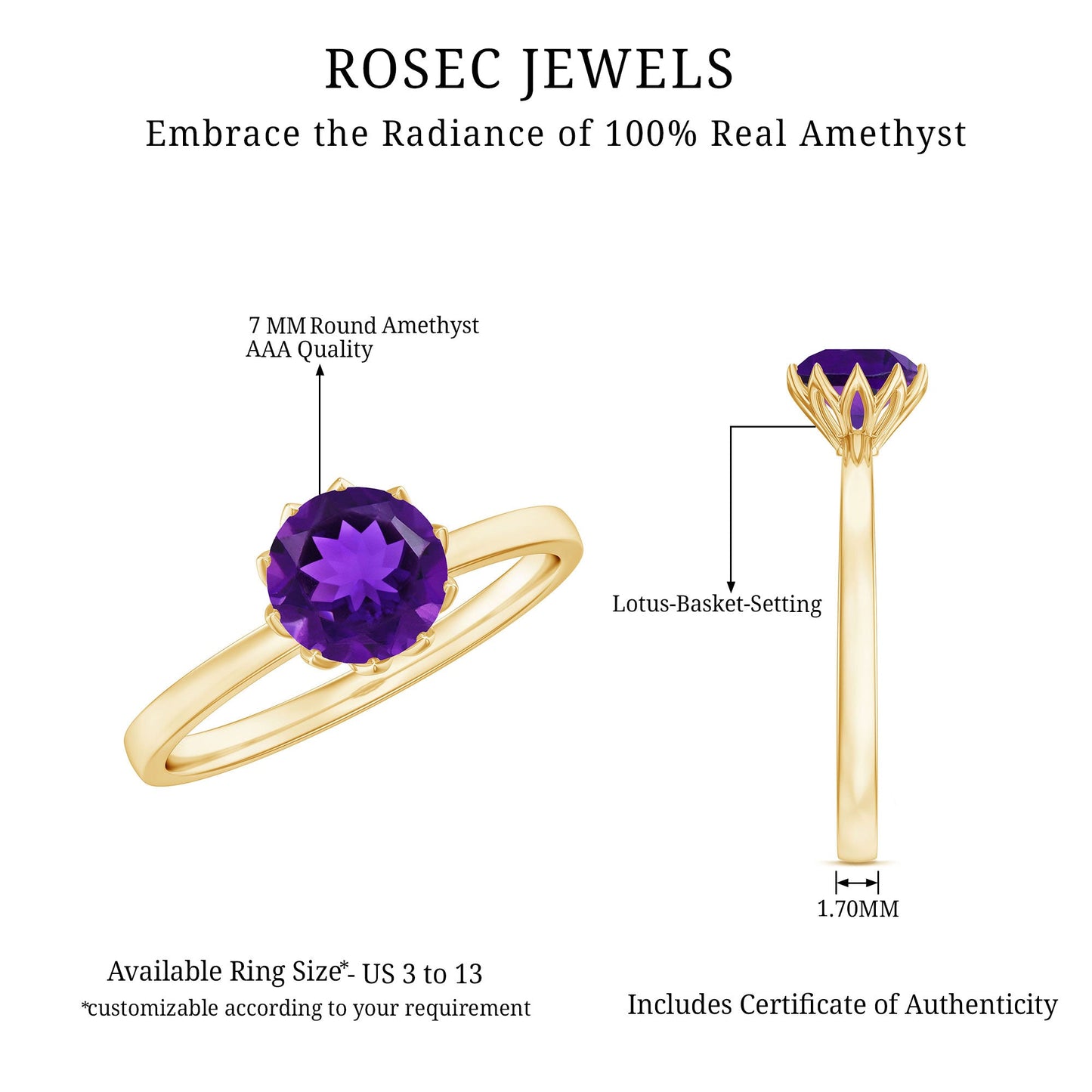 1.2 Carat Amethyst Solitaire Engagement Ring for Women
