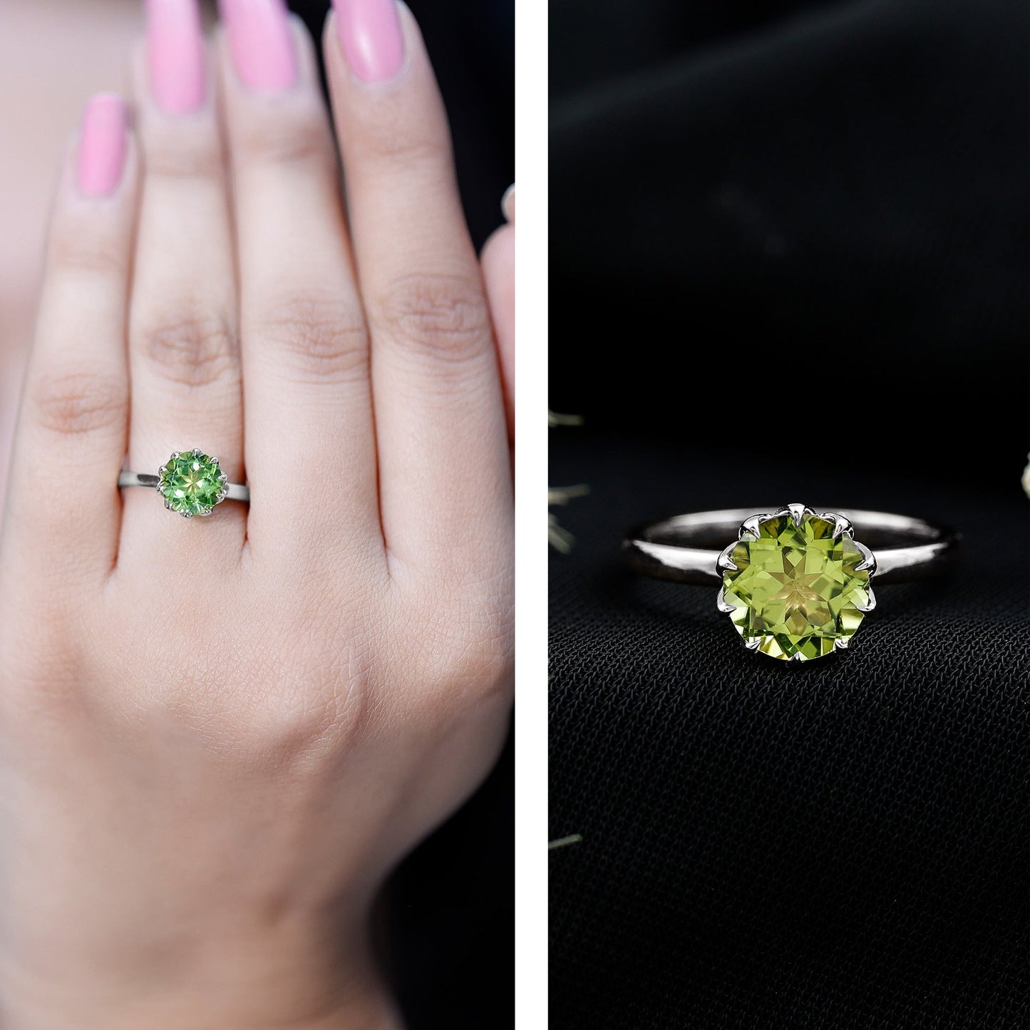 Genuine 2 Carat Peridot Engagement Ring in Lotus Basket Setting