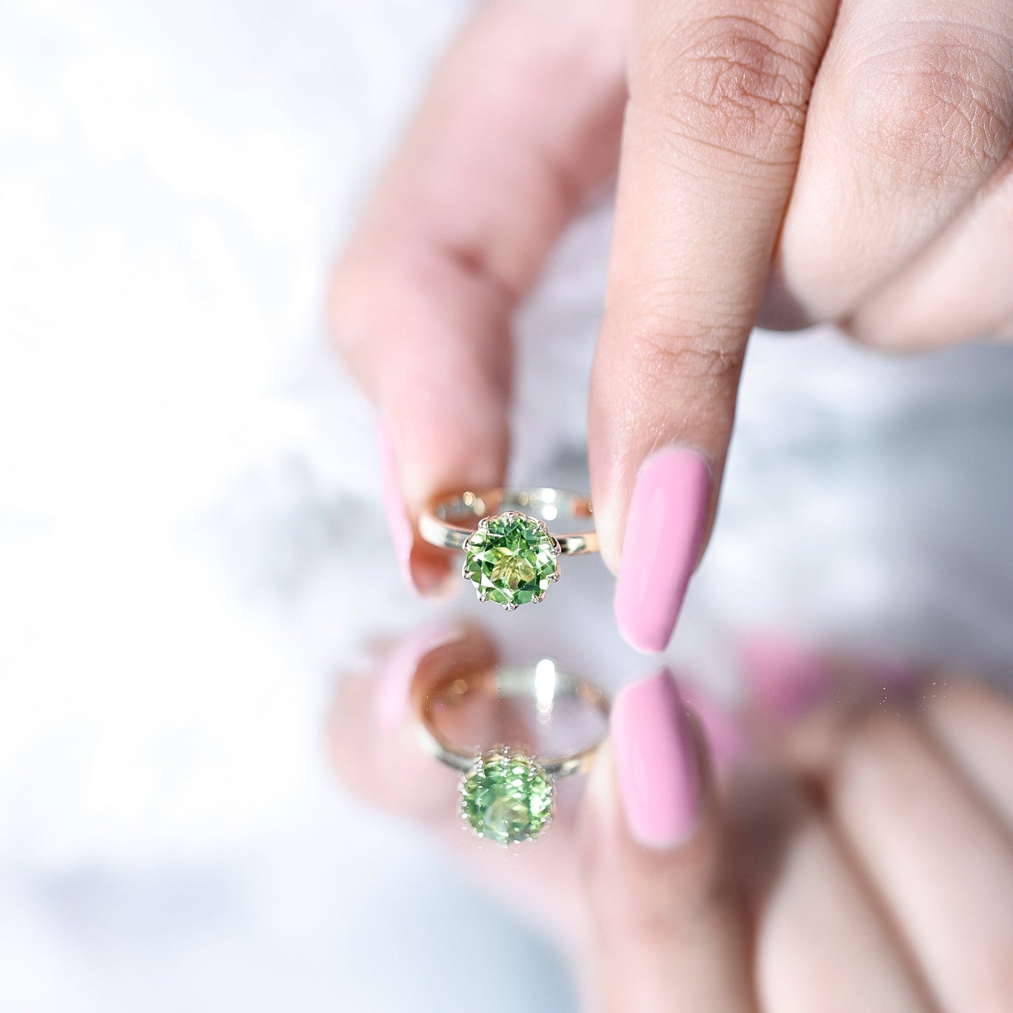 Genuine 2 Carat Peridot Engagement Ring in Lotus Basket Setting