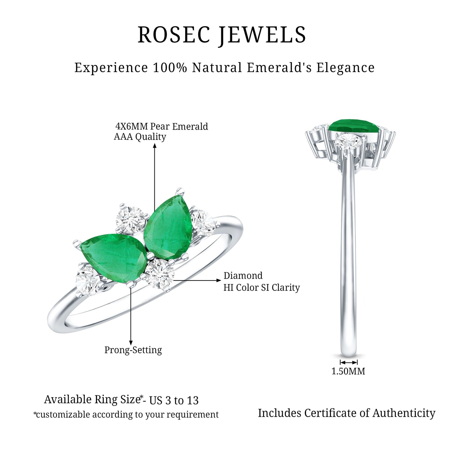 Natural Pear Shape Emerald Toi Et Moi Engagement Ring with Diamond