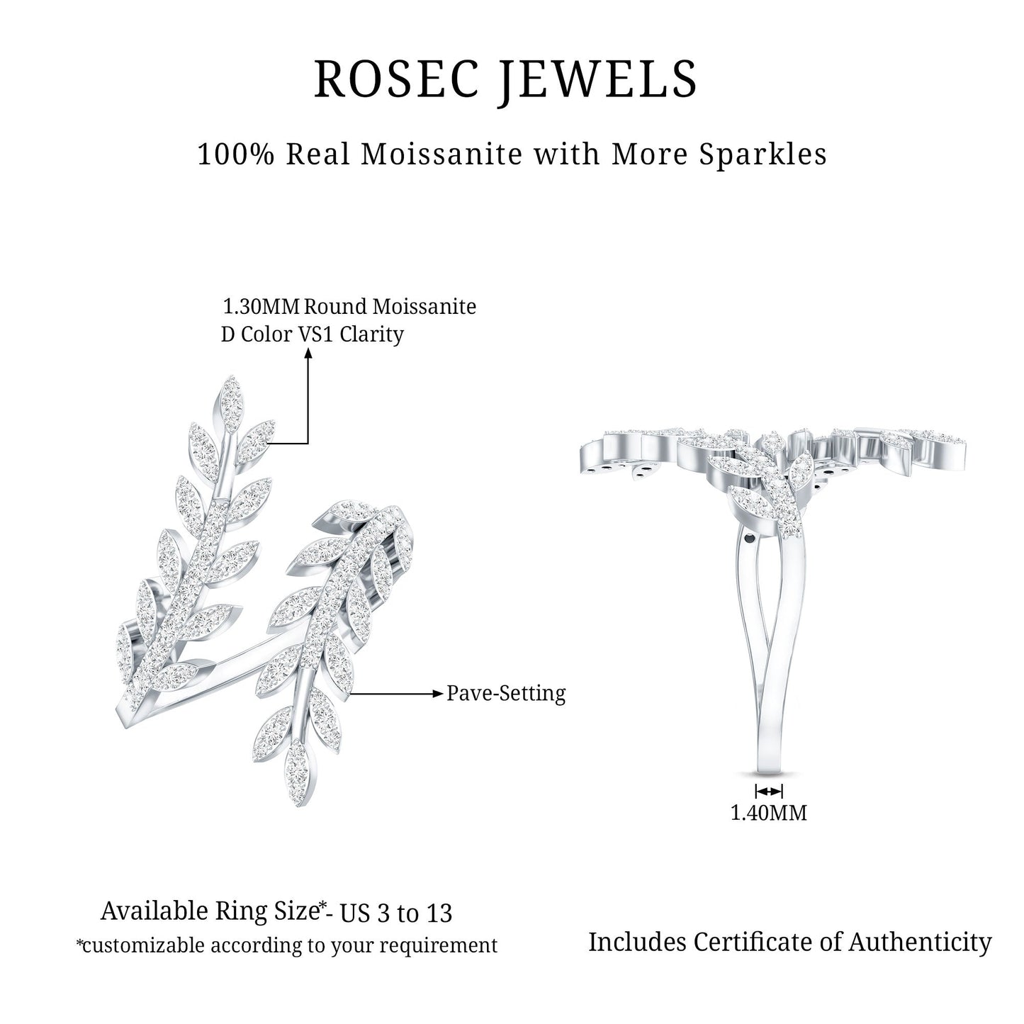 Certified Moissanite Leaf Wrap Ring for Women