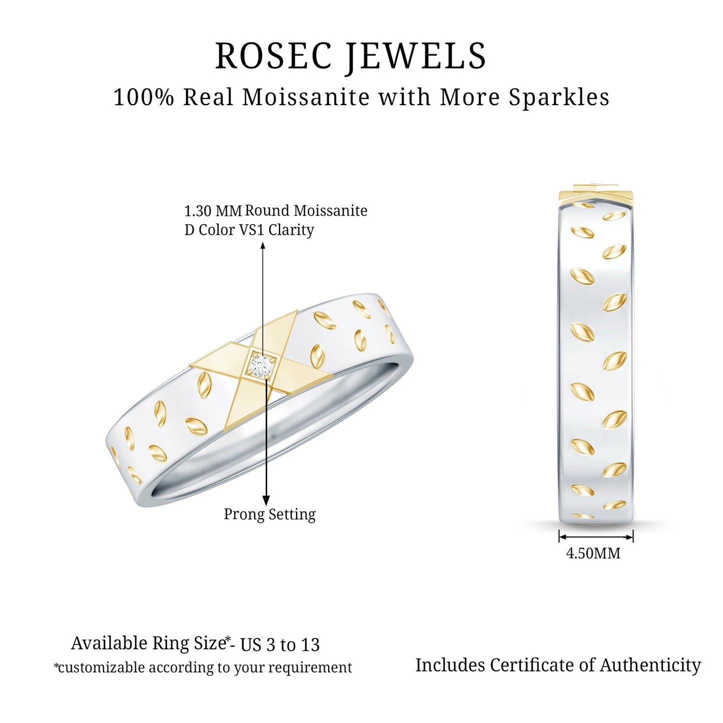 Two Tone Cross Wedding Band with Moissanite