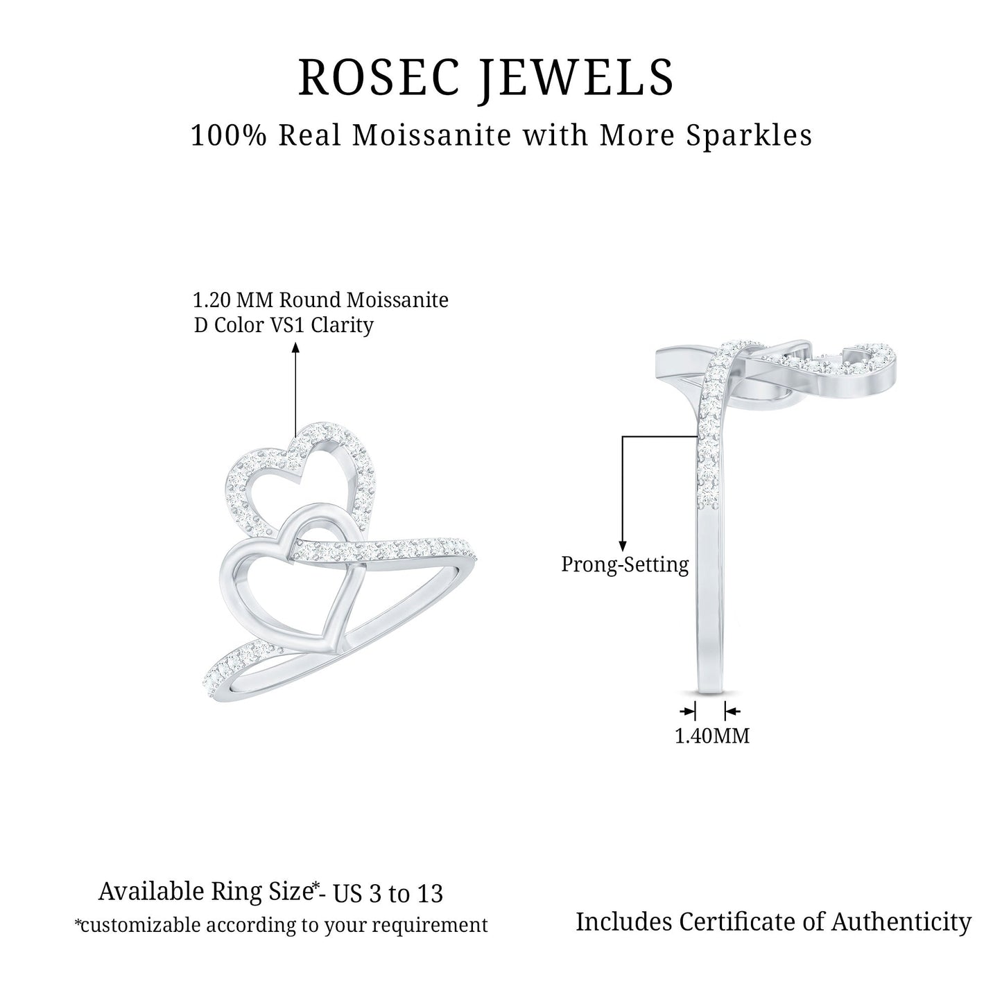 Certified Moissanite 2 Heart Promise Ring