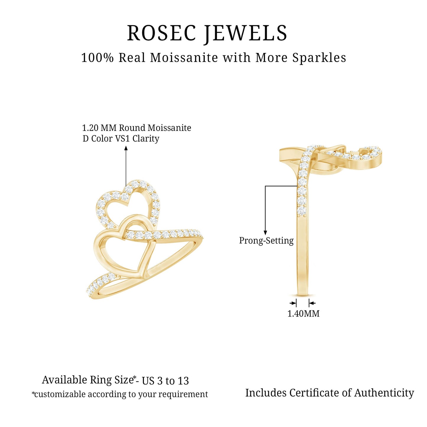 Certified Moissanite 2 Heart Promise Ring
