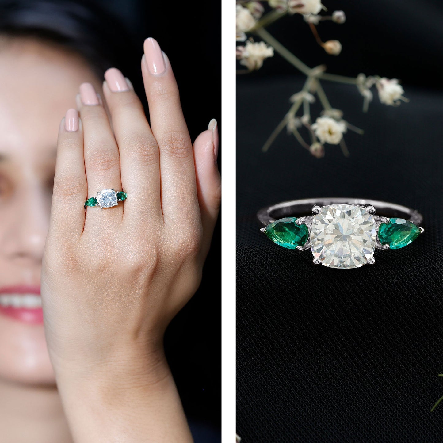 3 CT Moissanite Three Stone Engagement Ring With Emerald