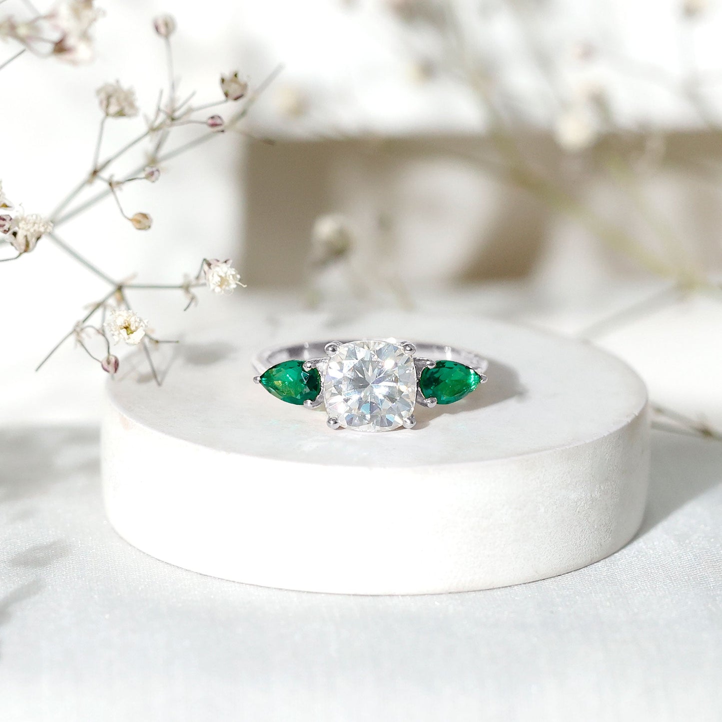 3 CT Moissanite Three Stone Engagement Ring With Emerald