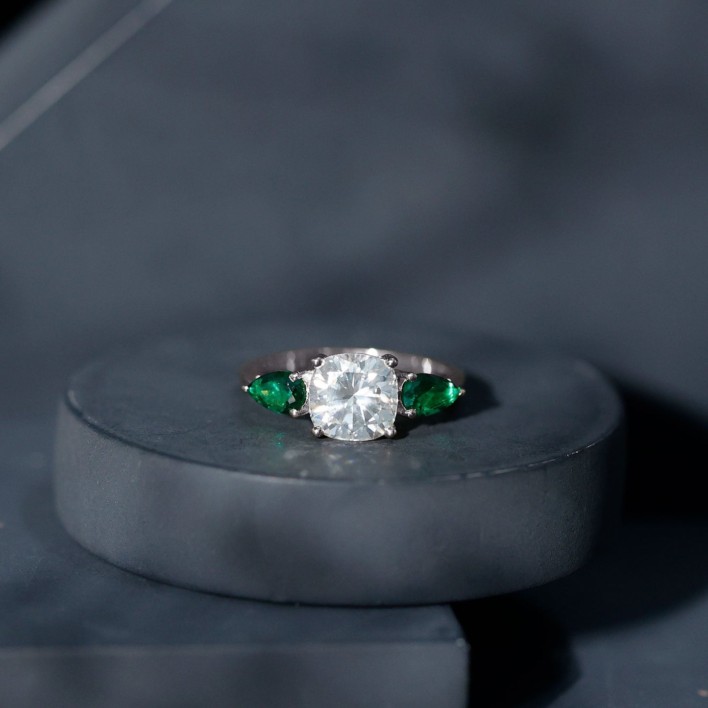 3 CT Moissanite Three Stone Engagement Ring With Emerald