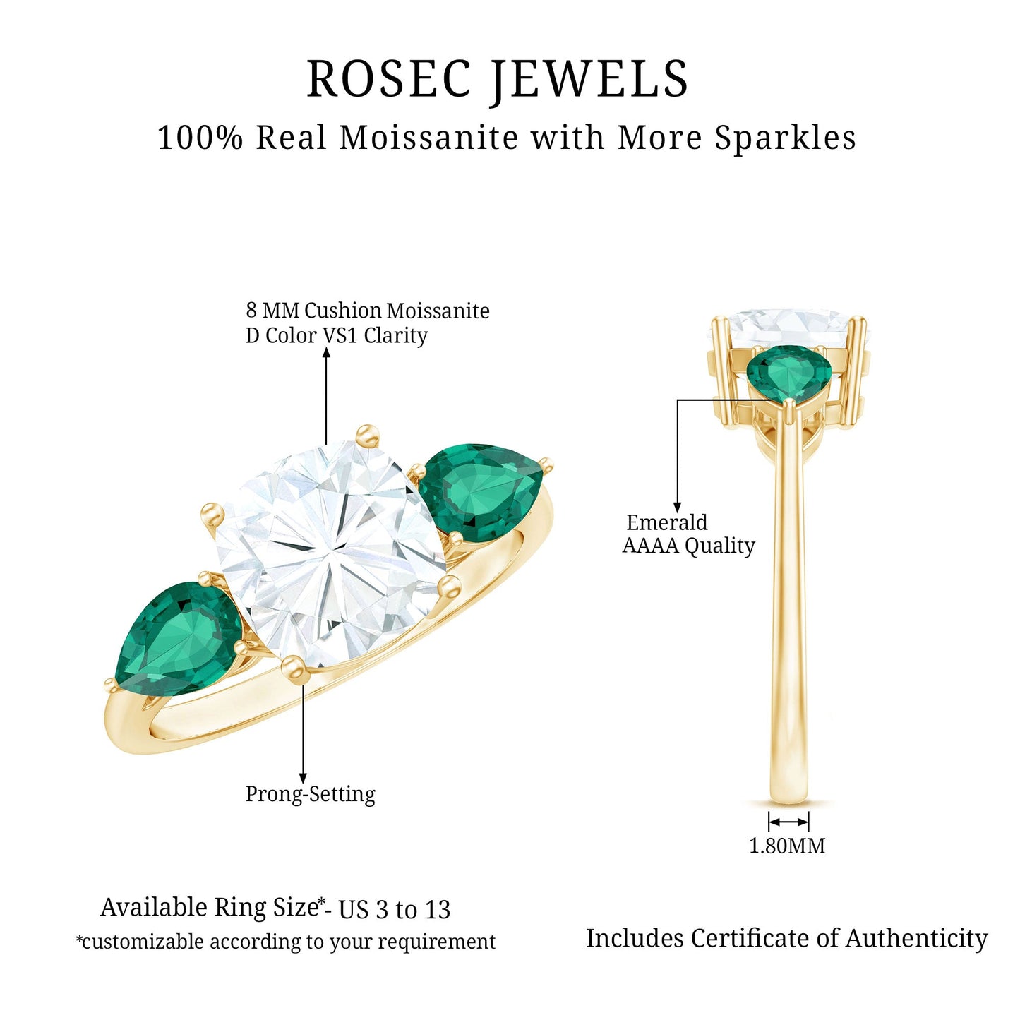 3 CT Moissanite Three Stone Engagement Ring With Emerald