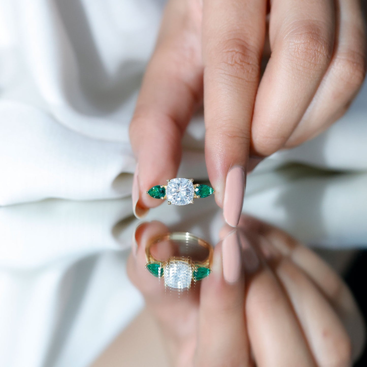 3 CT Moissanite Three Stone Engagement Ring With Emerald