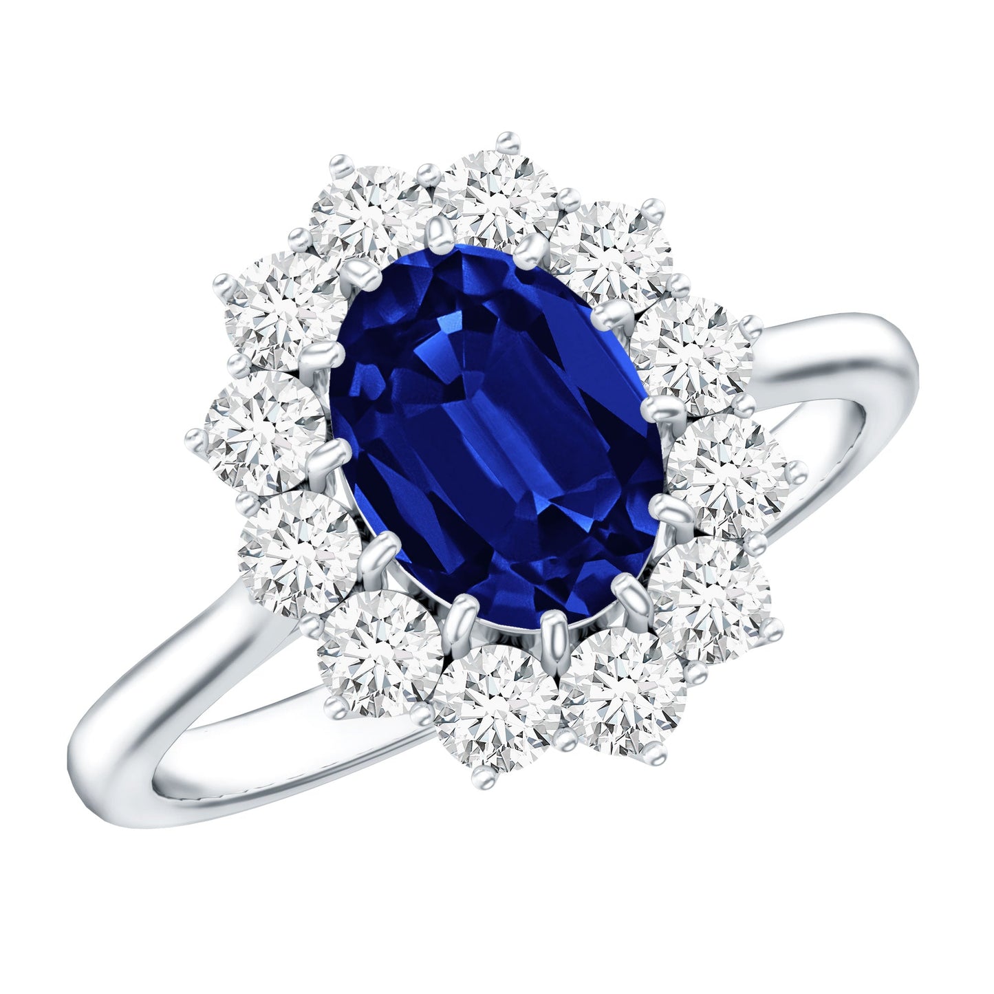 Certified 1.5 Carat Oval Lab Grown Blue Sapphire Princess Diana Engagement Ring with Diamond