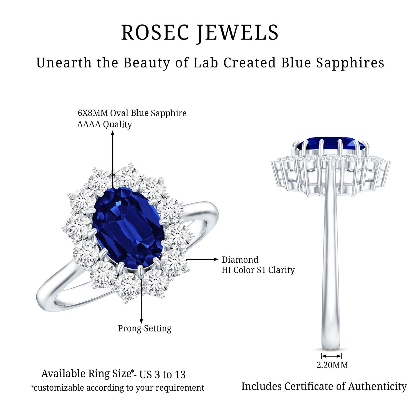Certified 1.5 Carat Oval Lab Grown Blue Sapphire Princess Diana Engagement Ring with Diamond