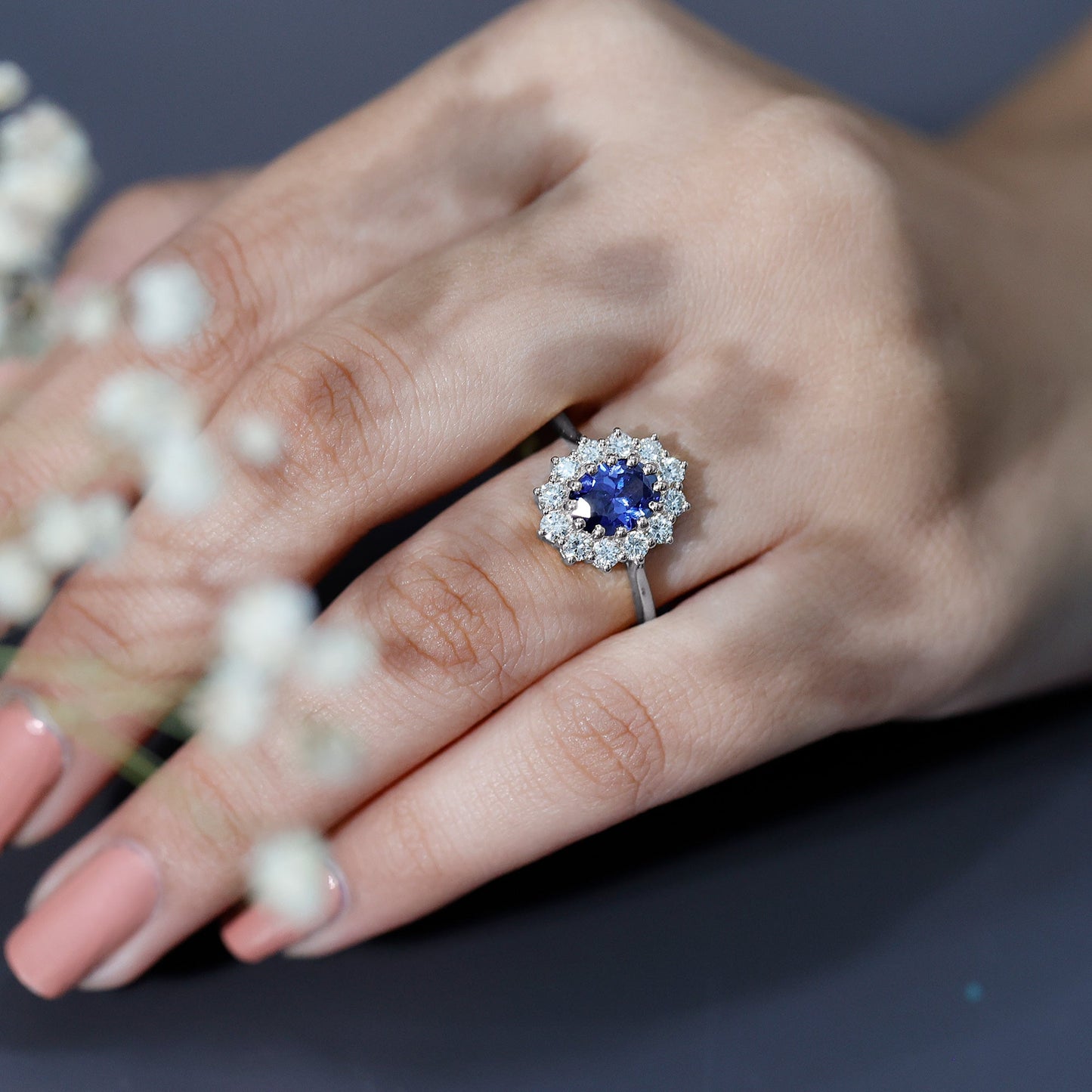 Certified 1.5 Carat Oval Lab Grown Blue Sapphire Princess Diana Engagement Ring with Diamond