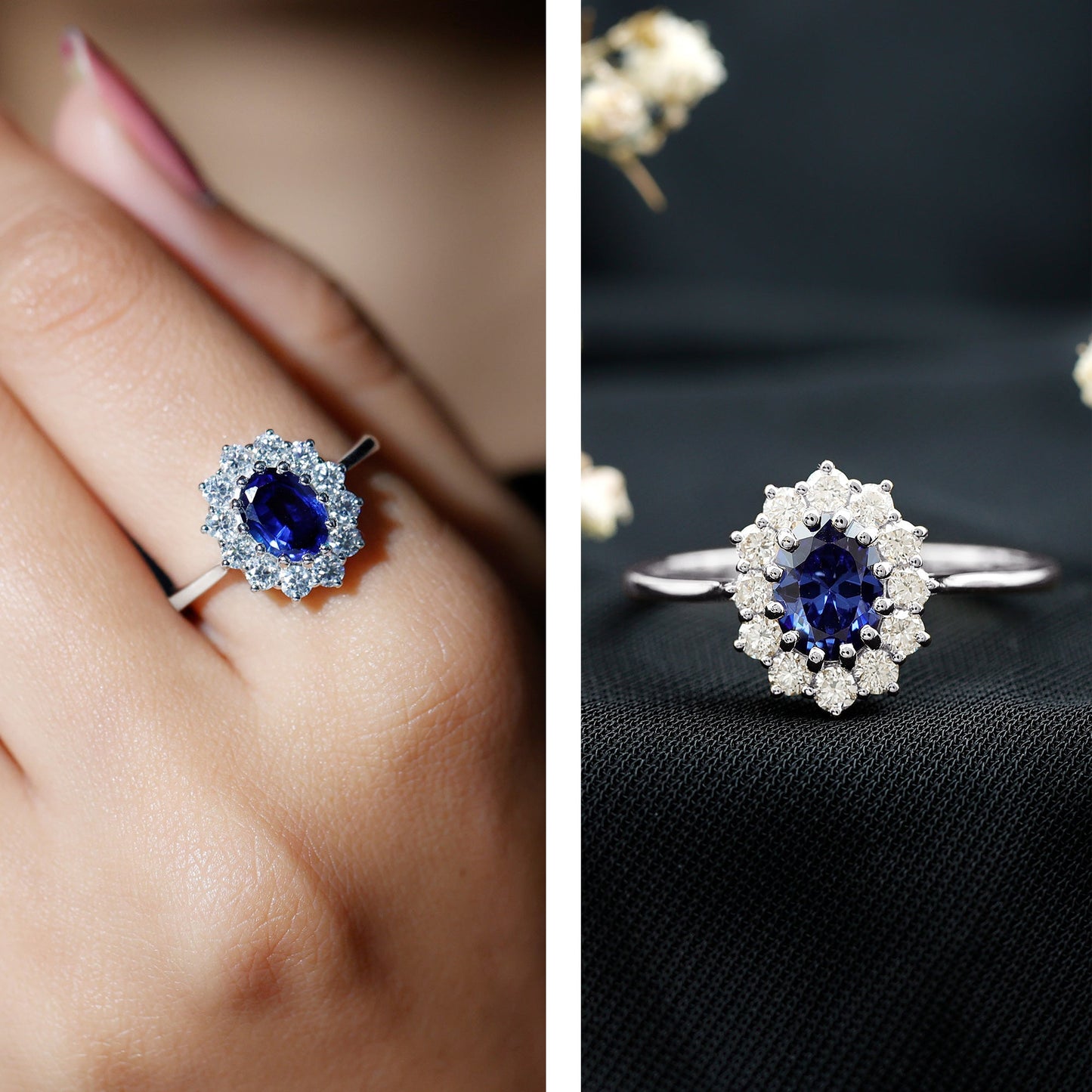 Certified 1.5 Carat Oval Lab Grown Blue Sapphire Princess Diana Engagement Ring with Diamond