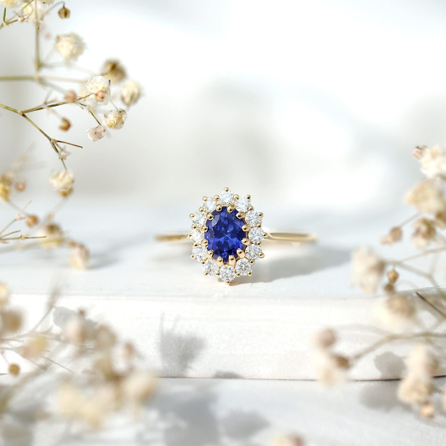 Certified 1.5 Carat Oval Lab Grown Blue Sapphire Princess Diana Engagement Ring with Diamond