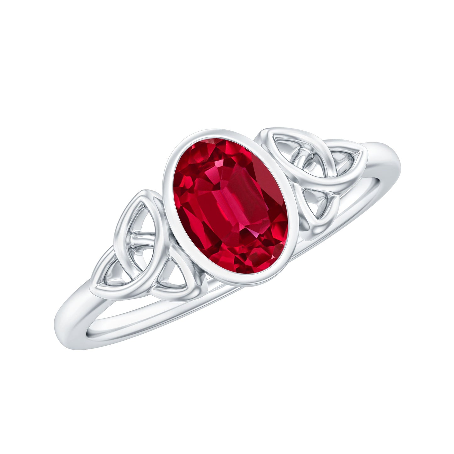 Oval Shaped 1.5 Carat Lab Grown Ruby Celtic Engagement Ring in Bezel Setting