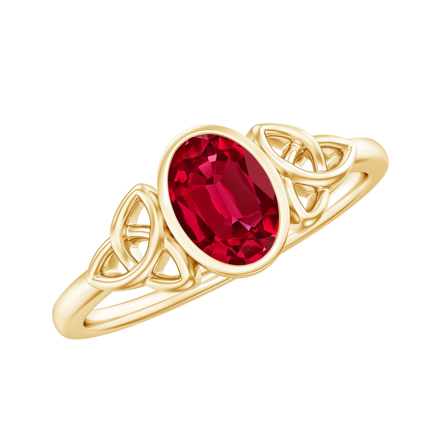 Oval Shaped 1.5 Carat Lab Grown Ruby Celtic Engagement Ring in Bezel Setting