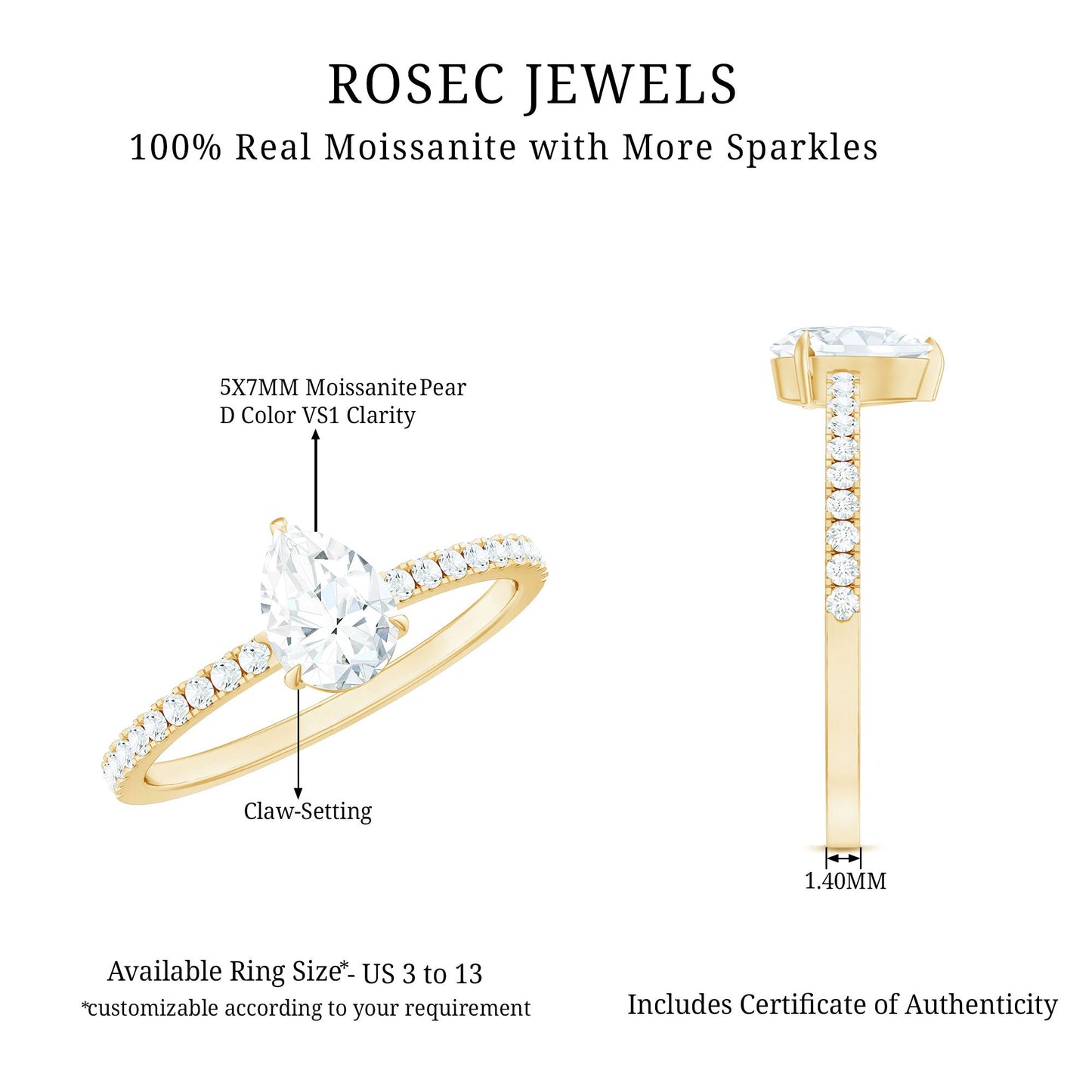 Certified Moissanite Teardrop Engagement Ring with Side Stones