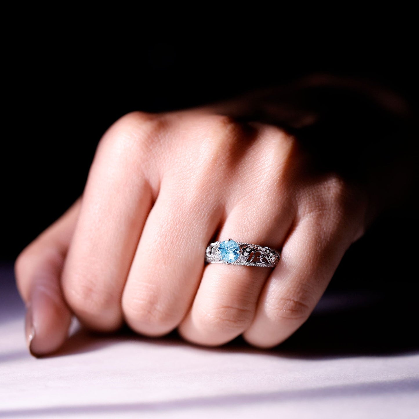 0.8 Carat Vintage Style Aquamarine and Diamond Engagement Ring