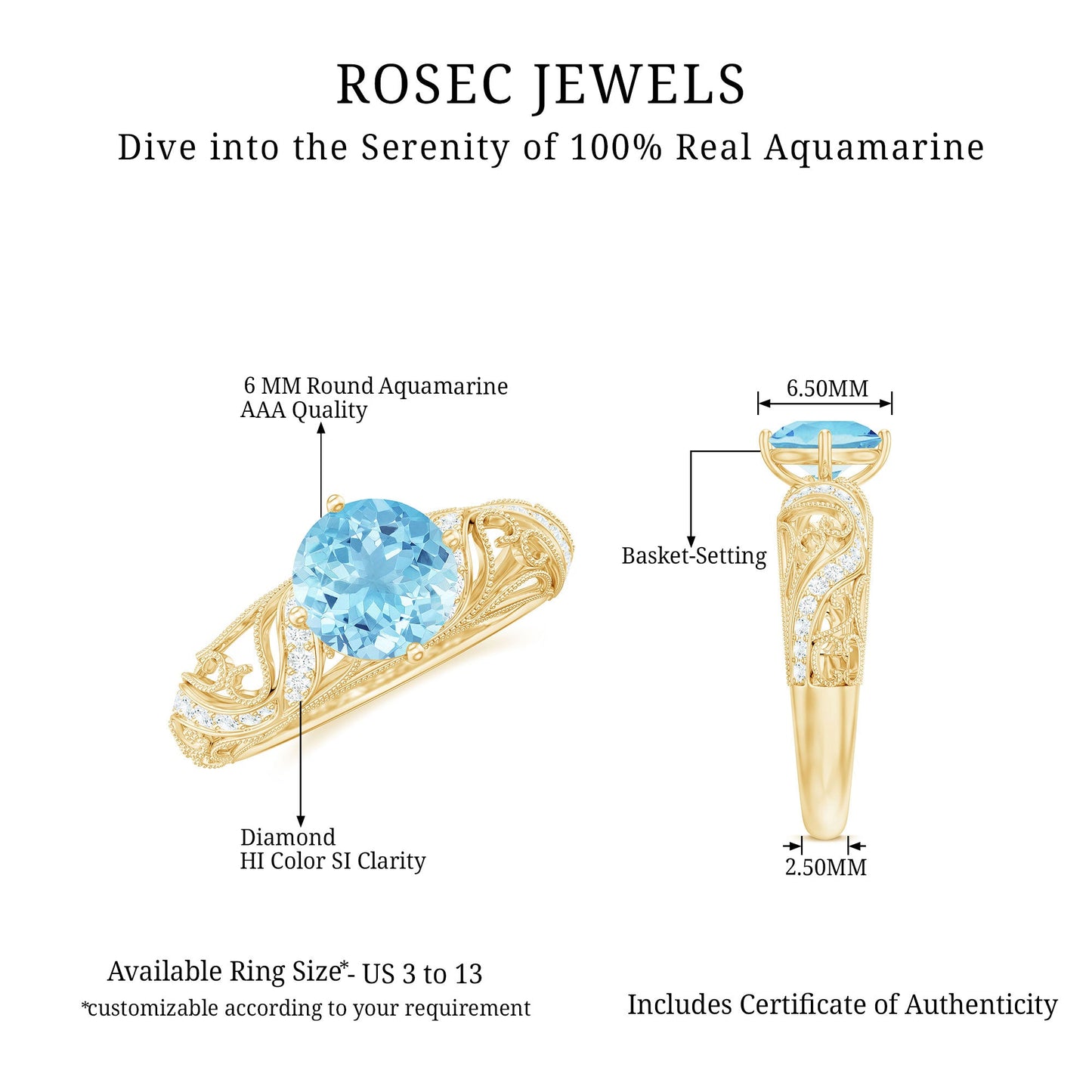 0.8 Carat Vintage Style Aquamarine and Diamond Engagement Ring