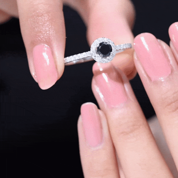 Minimal Black Spinel Engagement Ring with Diamond Halo
