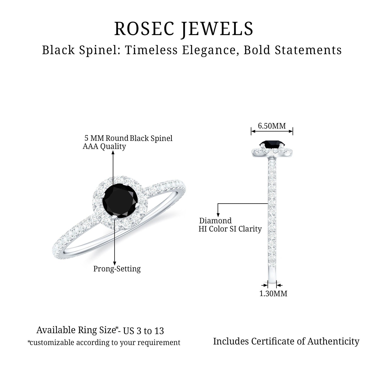 Minimal Black Spinel Engagement Ring with Diamond Halo