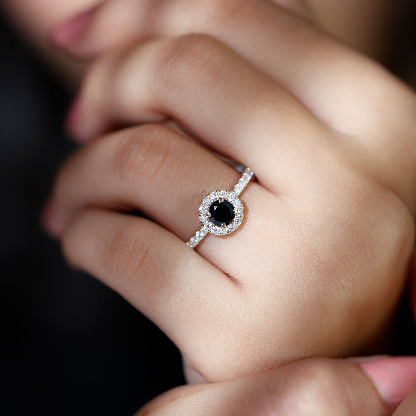Minimal Black Spinel Engagement Ring with Diamond Halo