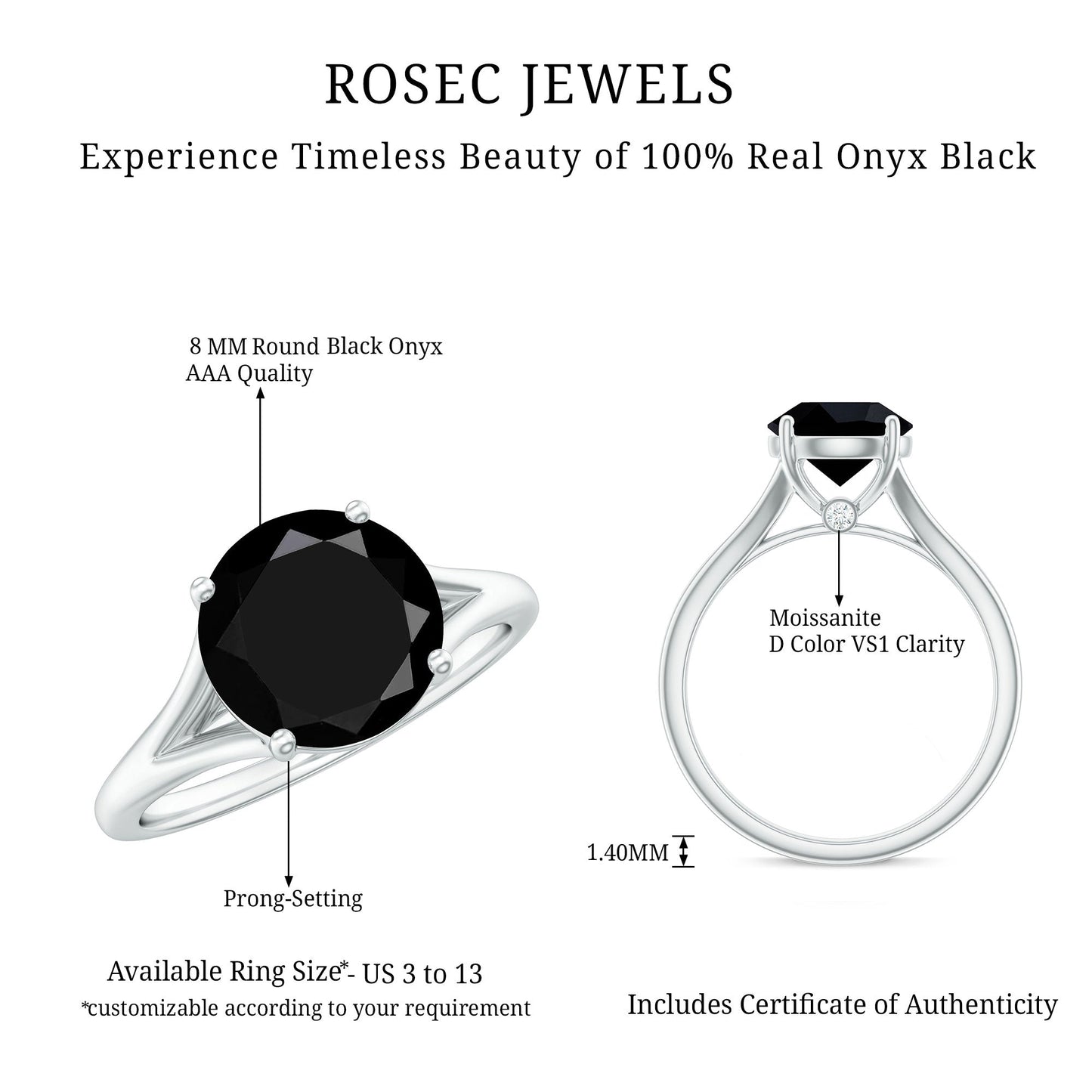 Real 2 Carat Black Onyx Solitaire Ring with Hidden Moissanite