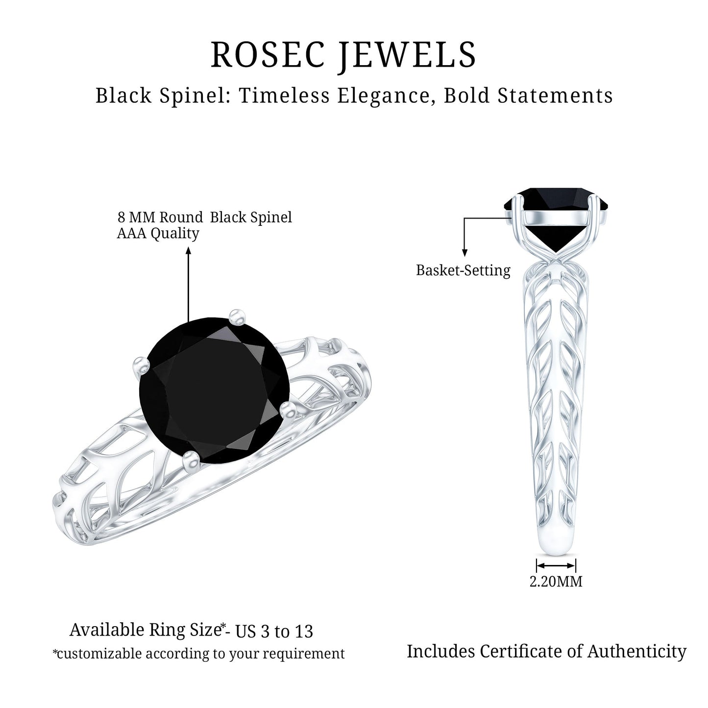 Natural 2.6 Carat Black Spinel Solitaire Engagement Ring for Women