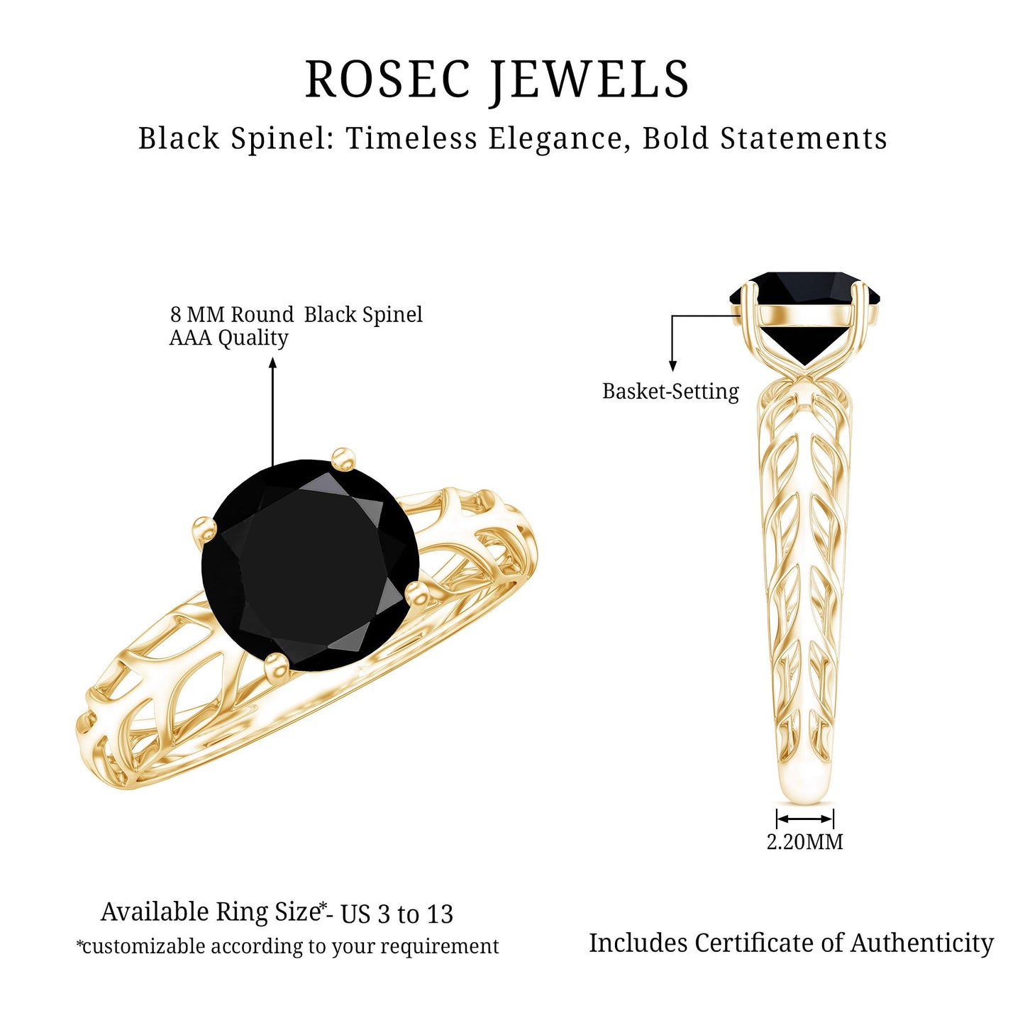 Natural 2.6 Carat Black Spinel Solitaire Engagement Ring for Women