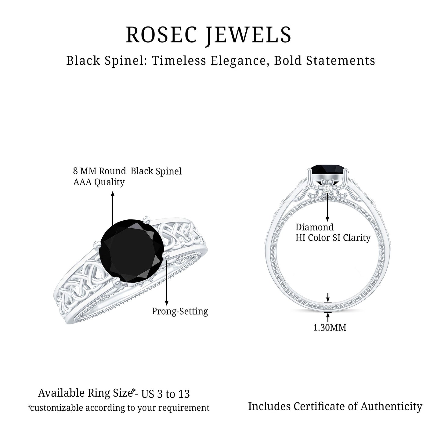 Vintage Style Black Spinel Diamond Engagement Ring with Celtic Knot