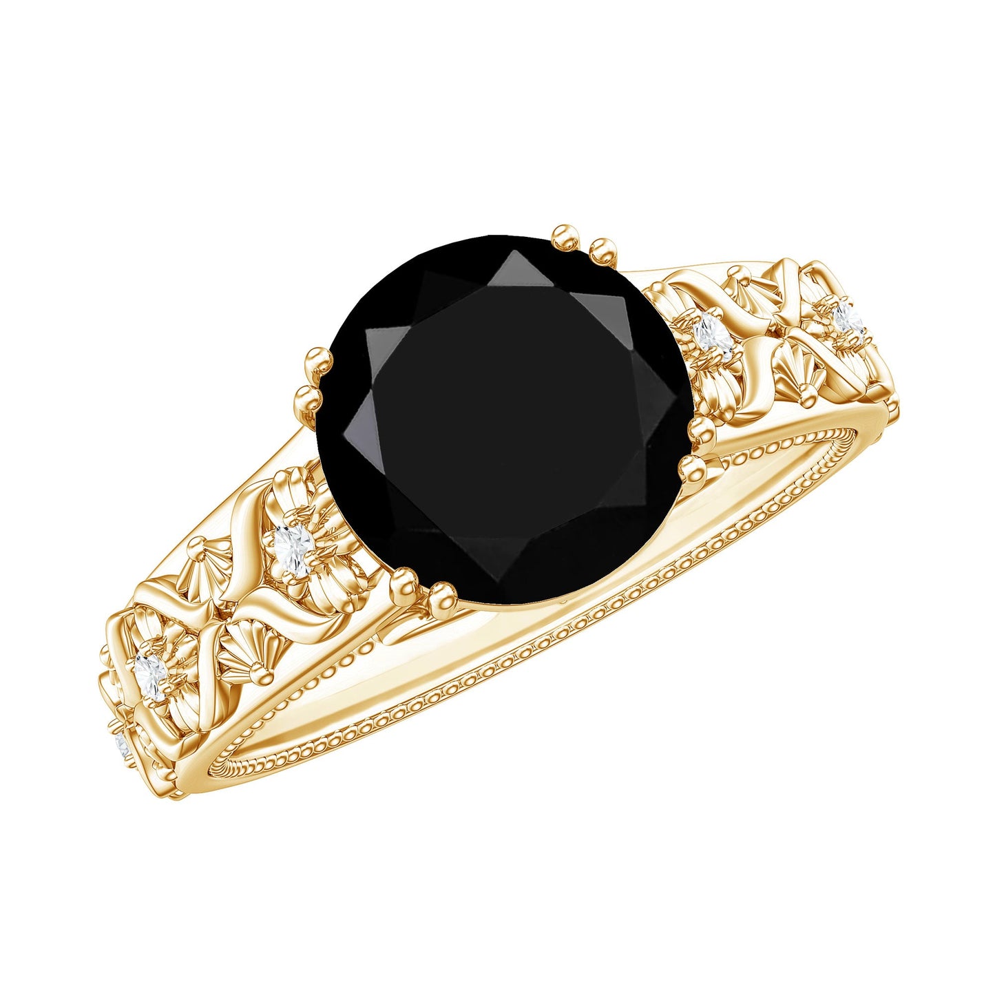 Nature Inspired Black Spinel Solitaire Engagement Ring with Diamond