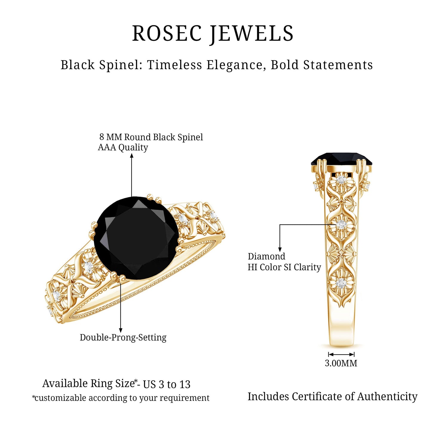 Nature Inspired Black Spinel Solitaire Engagement Ring with Diamond
