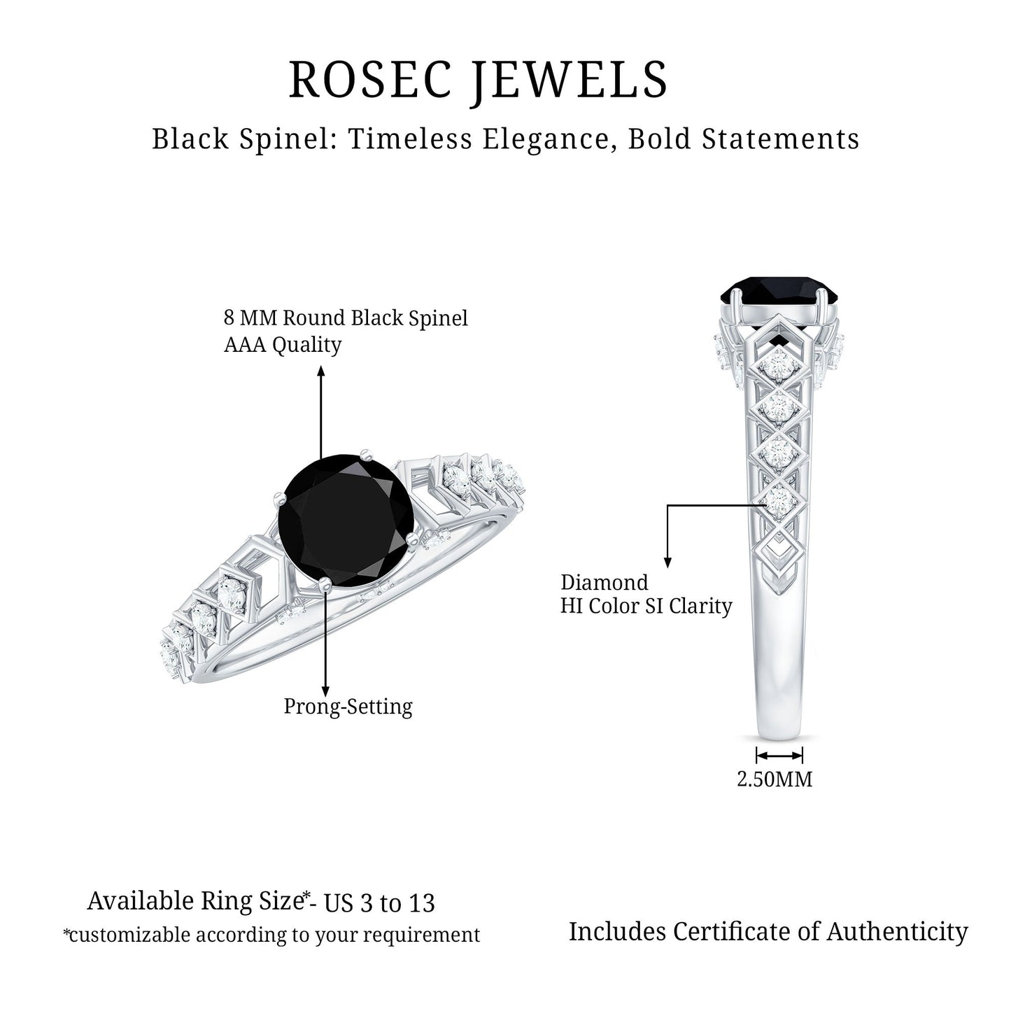Art Deco Inspired Black Spinel Solitaire Engagement Ring with Diamond