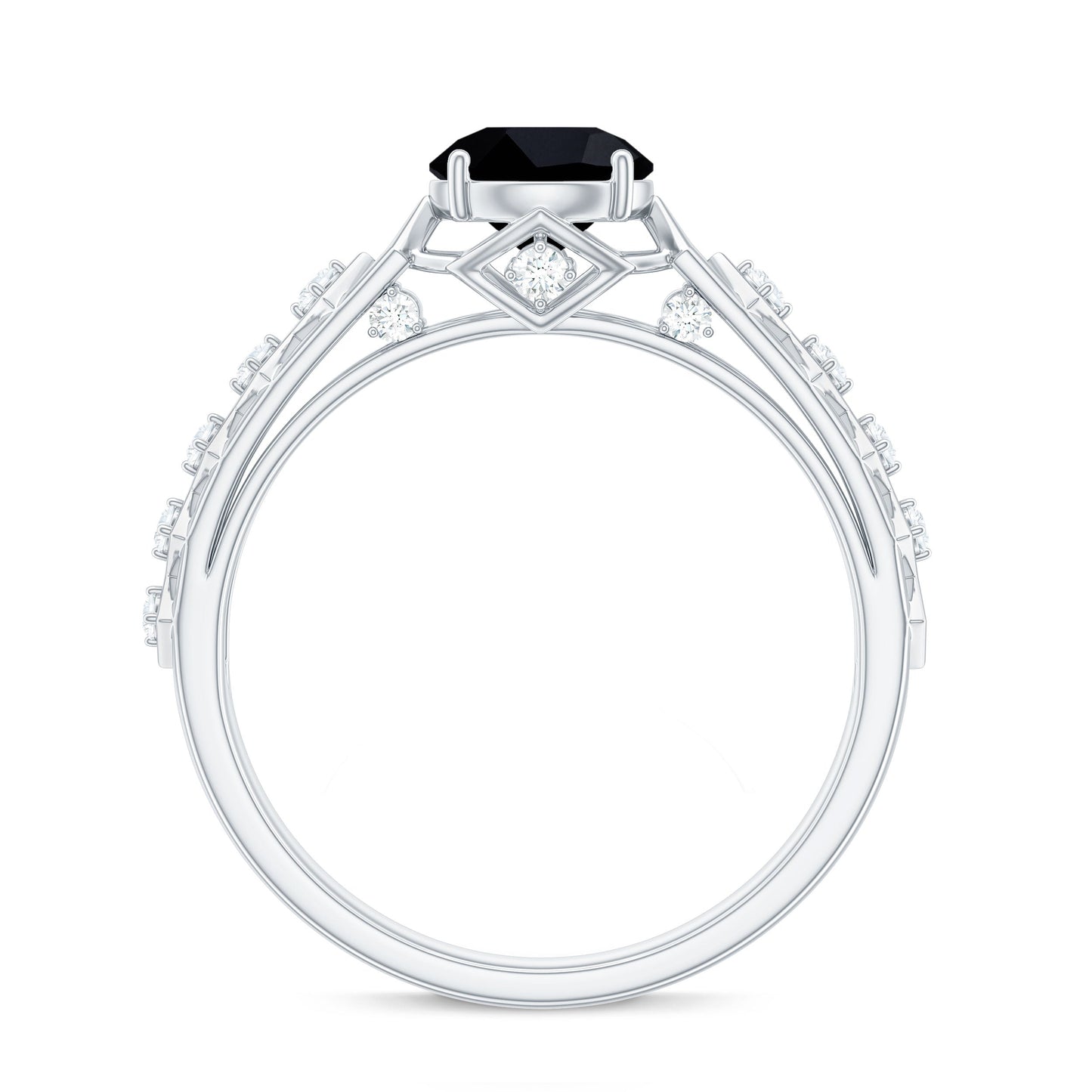 Art Deco Inspired Black Spinel Solitaire Engagement Ring with Diamond