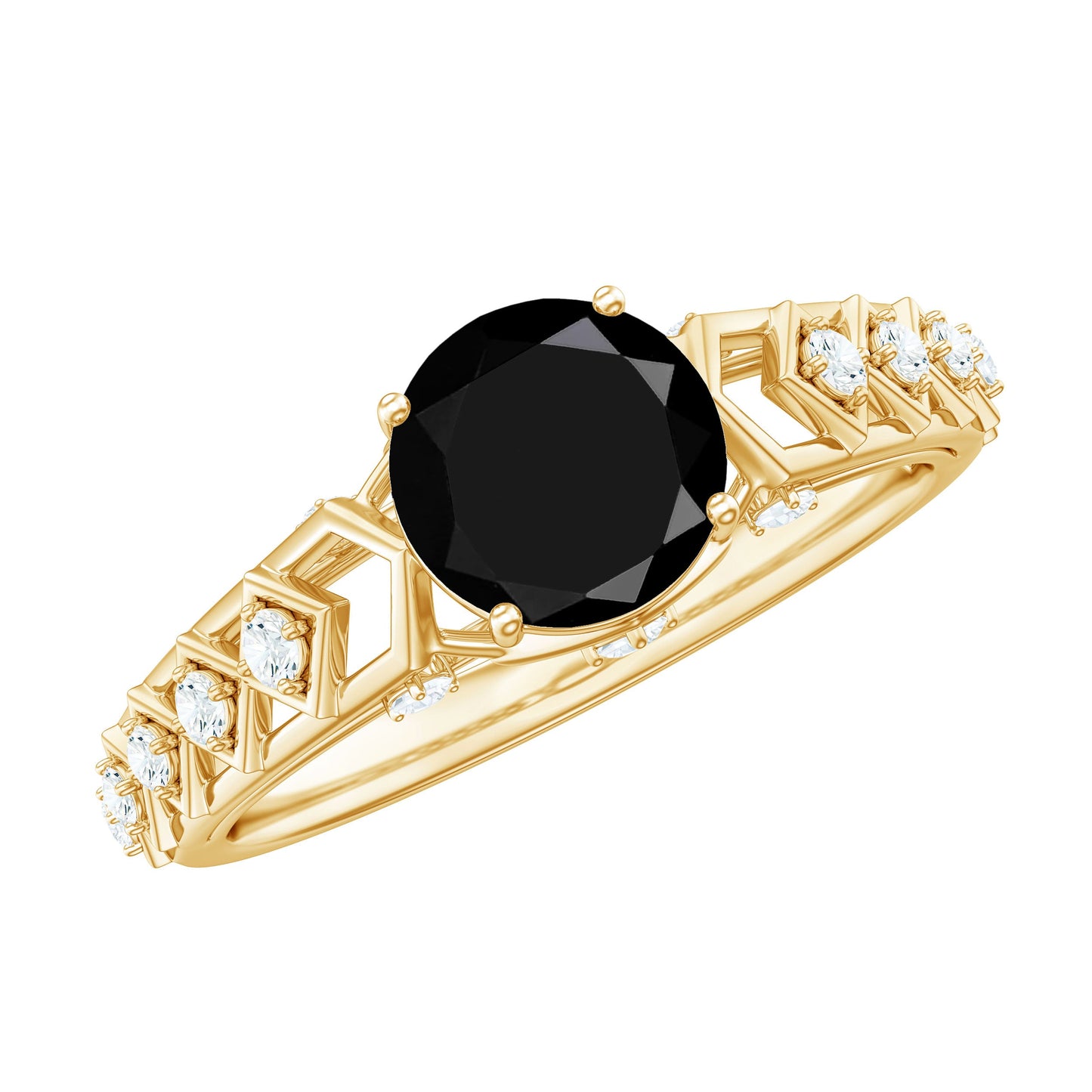 Art Deco Inspired Black Spinel Solitaire Engagement Ring with Diamond
