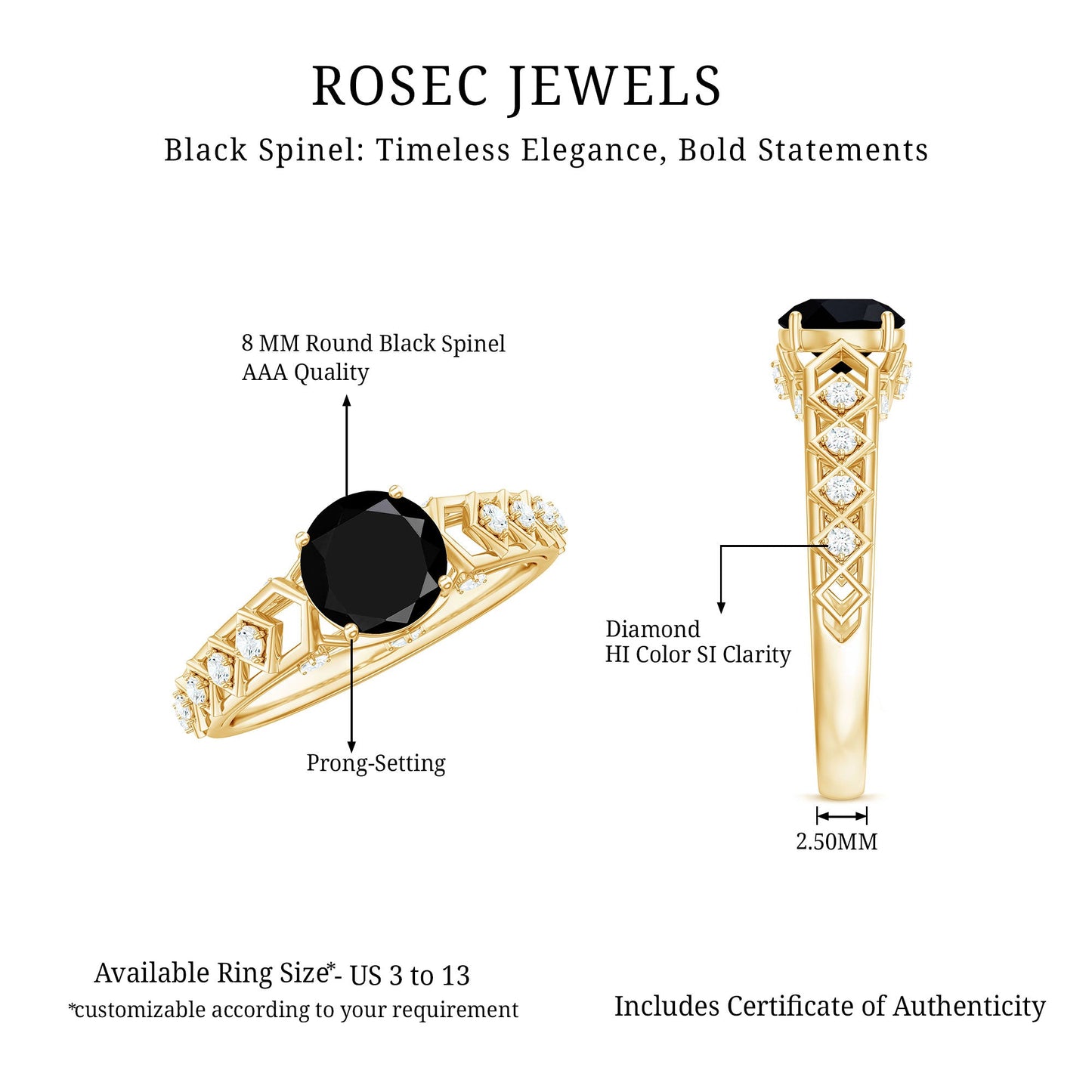 Art Deco Inspired Black Spinel Solitaire Engagement Ring with Diamond