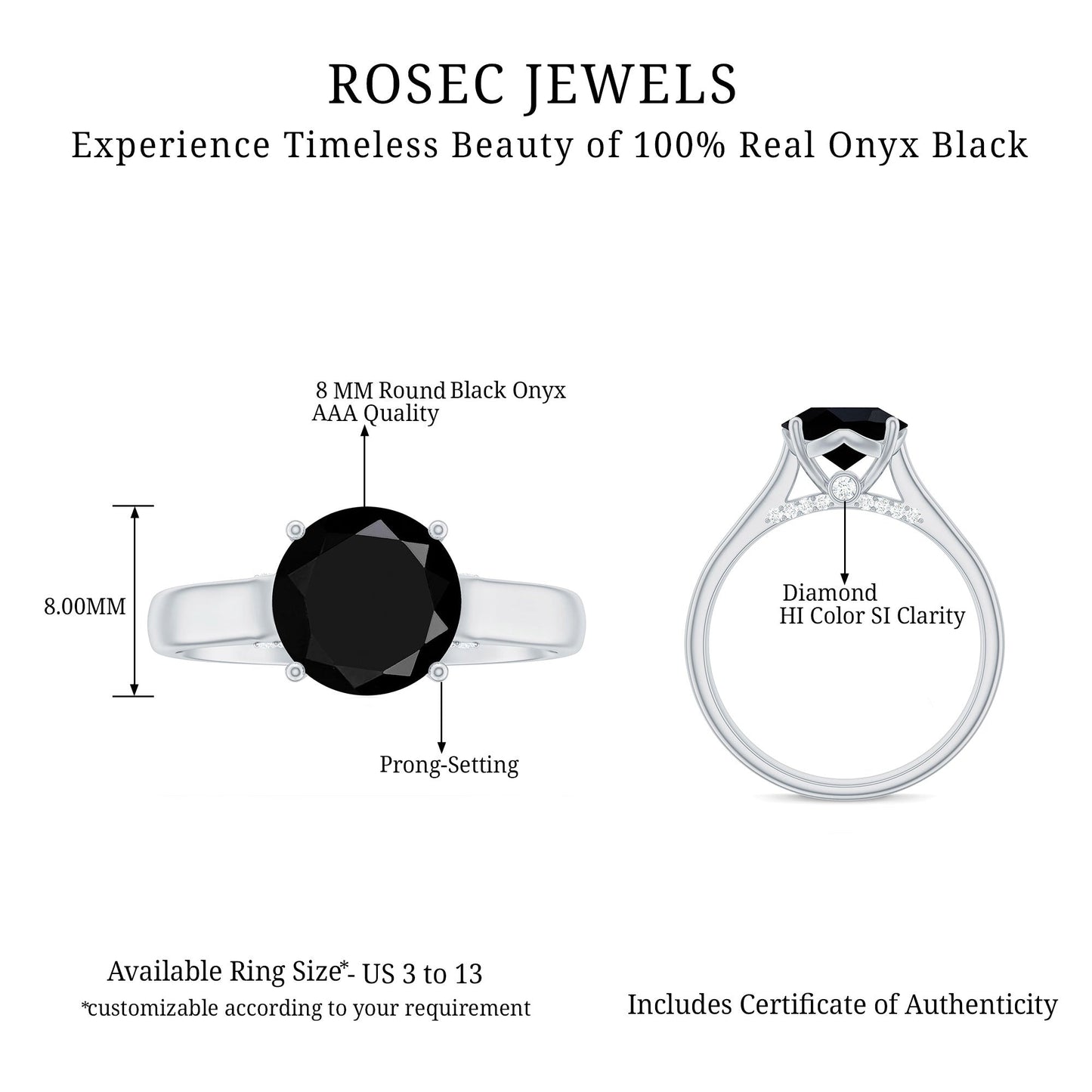 Genuine 2 Carat Black Onyx Engagement Ring with Surprise Diamond
