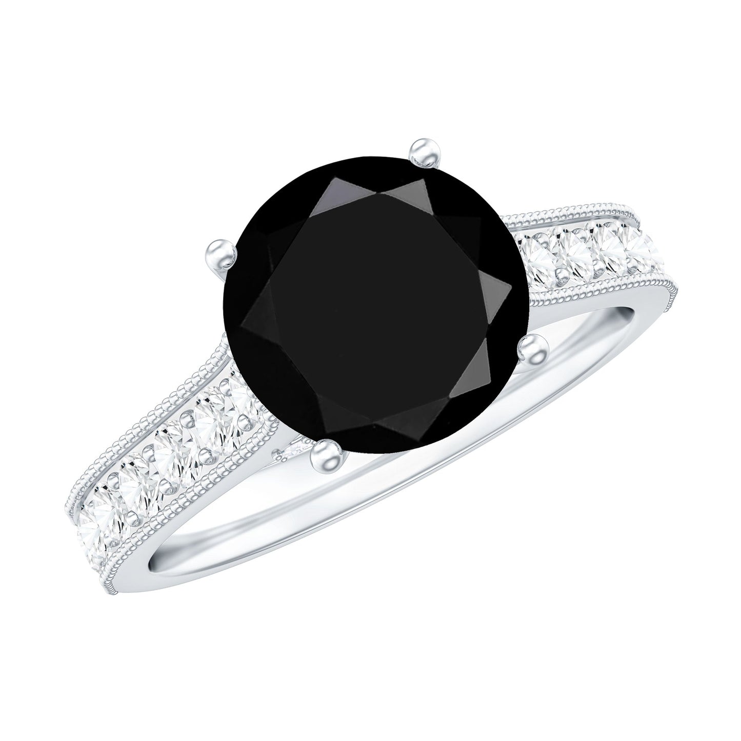 Natural Black Spinel Solitaire Engagement Ring with Diamond Side Stones