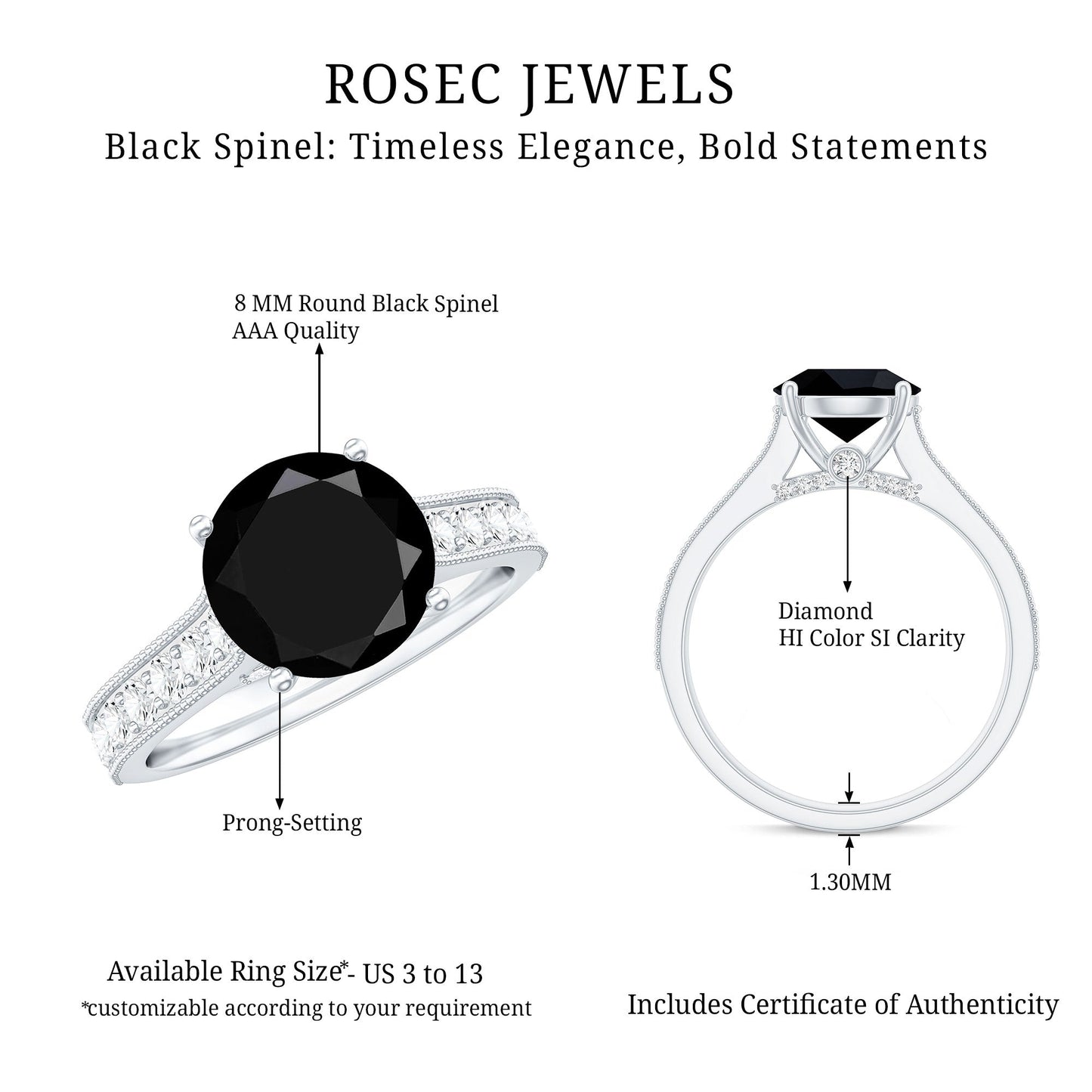 Natural Black Spinel Solitaire Engagement Ring with Diamond Side Stones