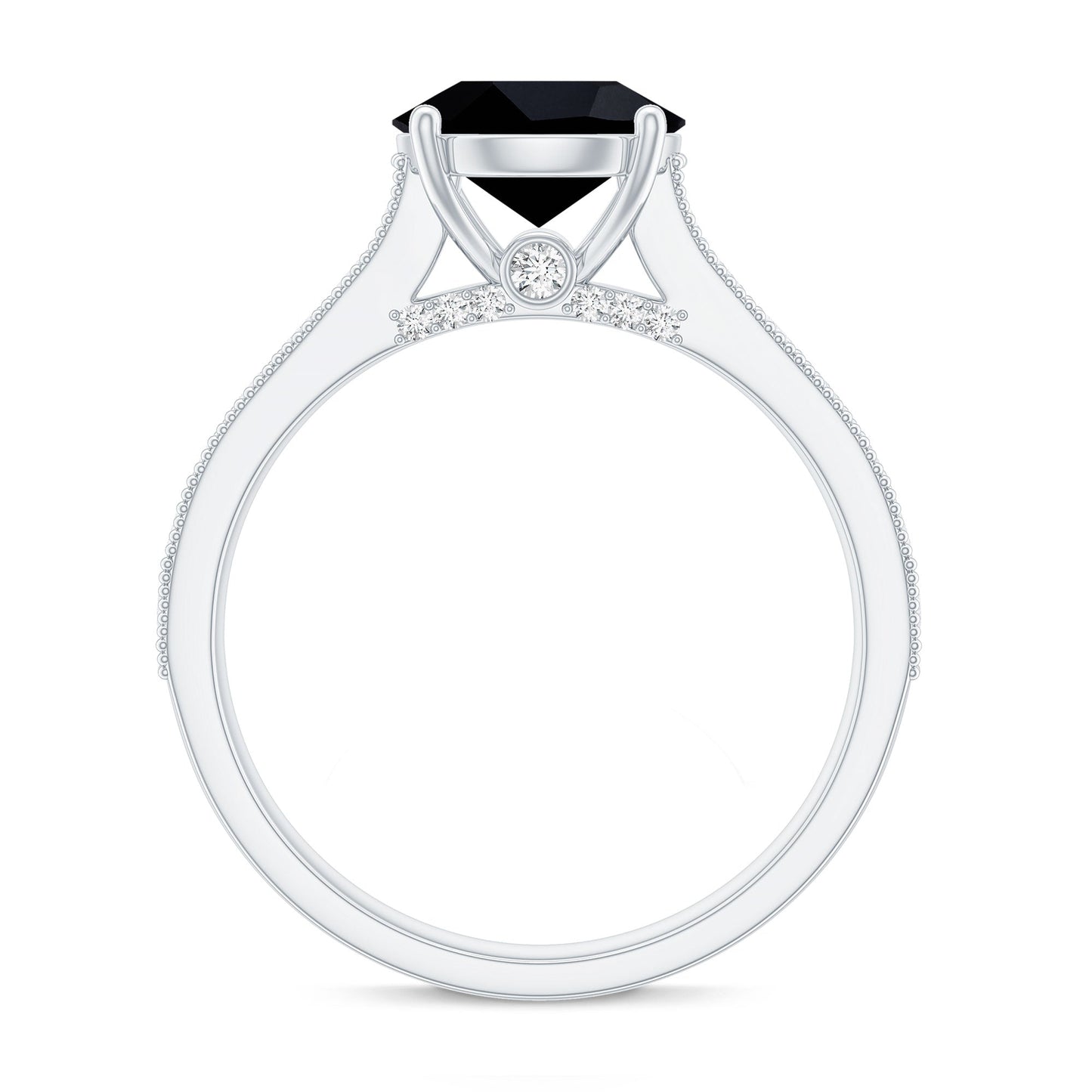Natural Black Spinel Solitaire Engagement Ring with Diamond Side Stones