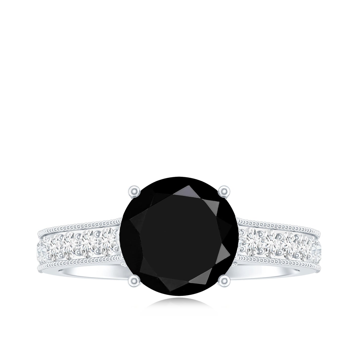 Natural Black Spinel Solitaire Engagement Ring with Diamond Side Stones
