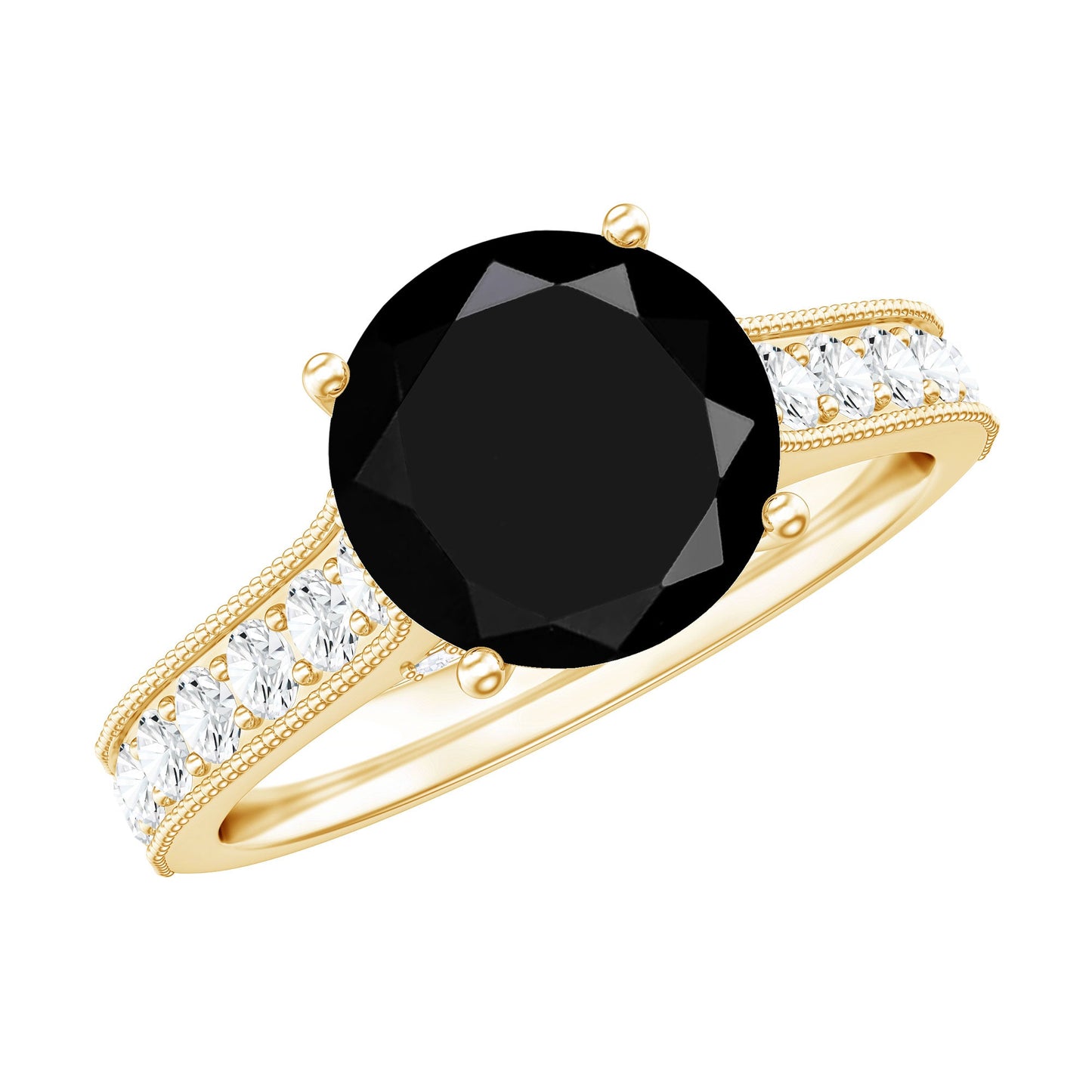 Natural Black Spinel Solitaire Engagement Ring with Diamond Side Stones