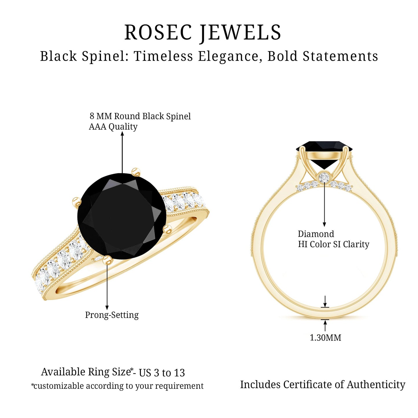 Natural Black Spinel Solitaire Engagement Ring with Diamond Side Stones