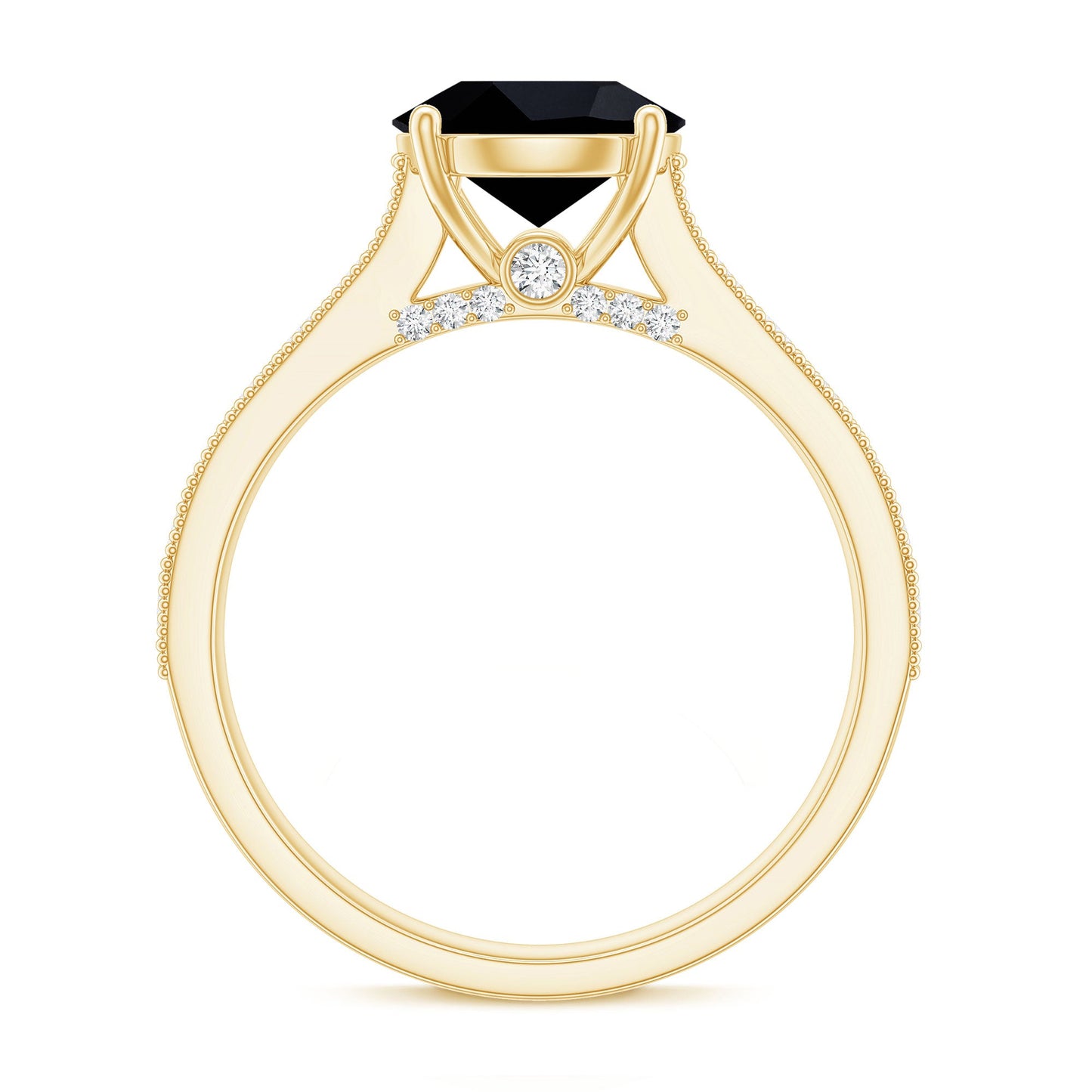 Natural Black Spinel Solitaire Engagement Ring with Diamond Side Stones