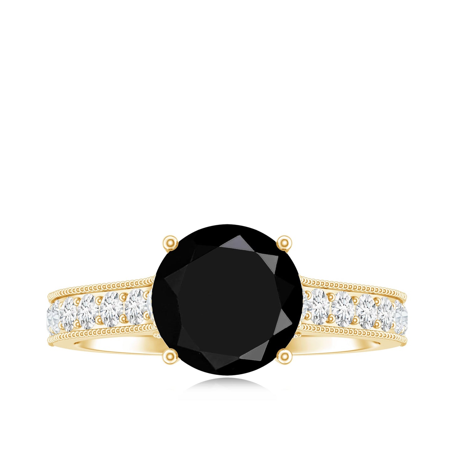 Natural Black Spinel Solitaire Engagement Ring with Diamond Side Stones