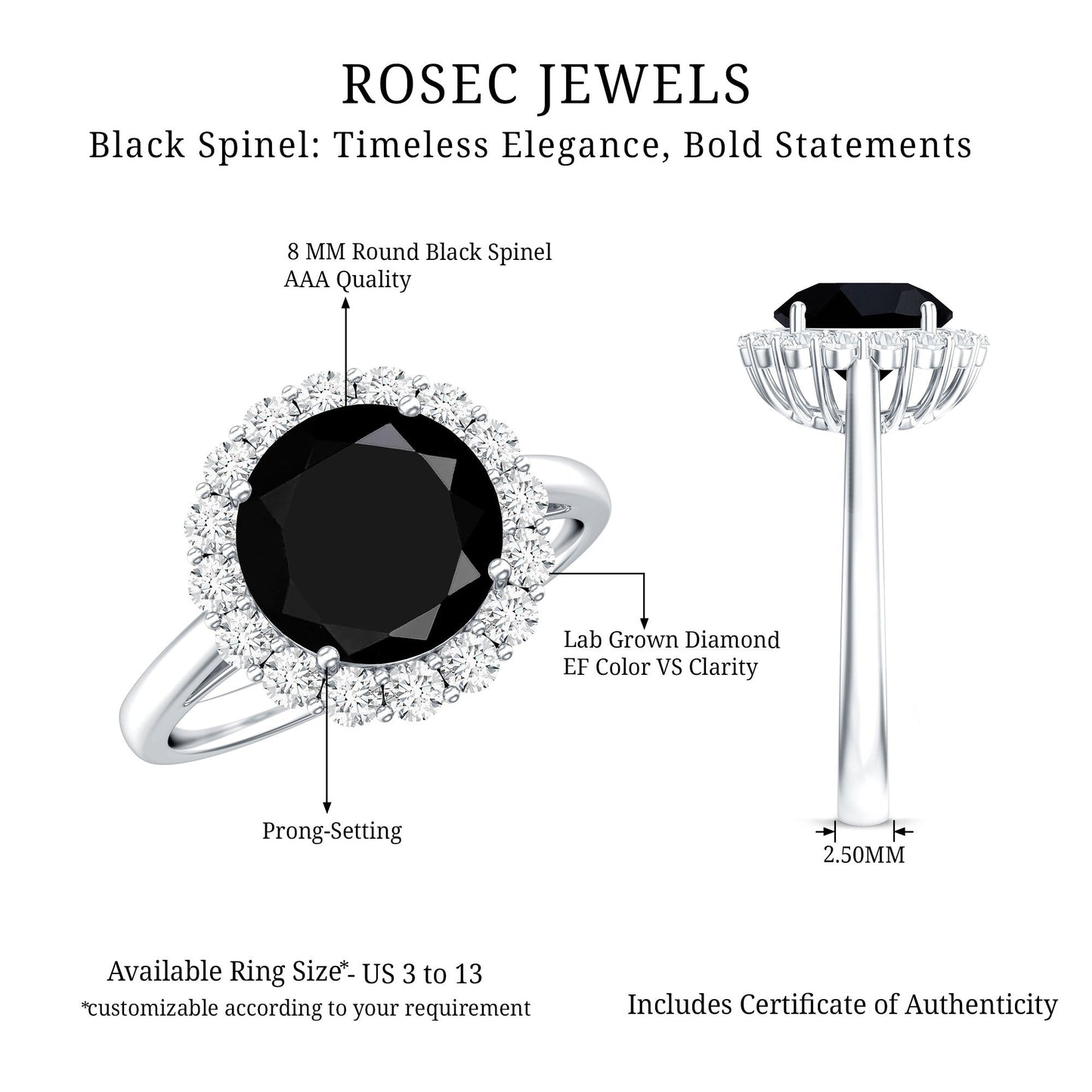 Natural 2.6 Carat Black Spinel Engagement Ring with Diamond Halo